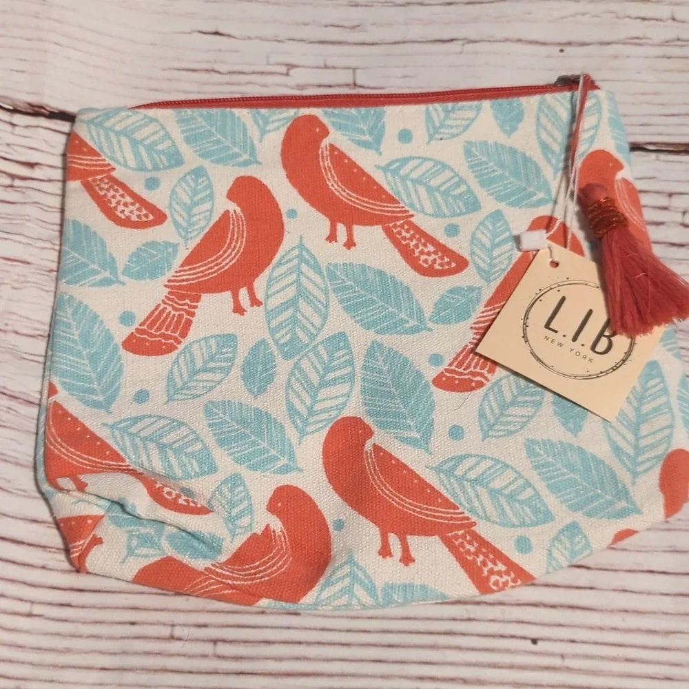 BOTANICAL BIRDS CORAL AND LIGHT BLUE COSMETIC BAG - Picture 1 of 2